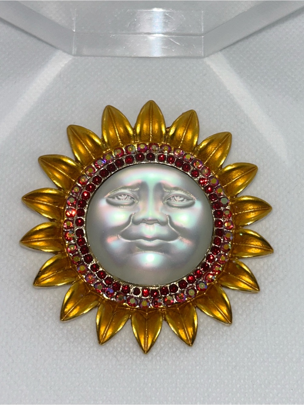 Moon face Sunflower Brooch & Pendant Red AB Glass Rhinestones Halo Whimsical